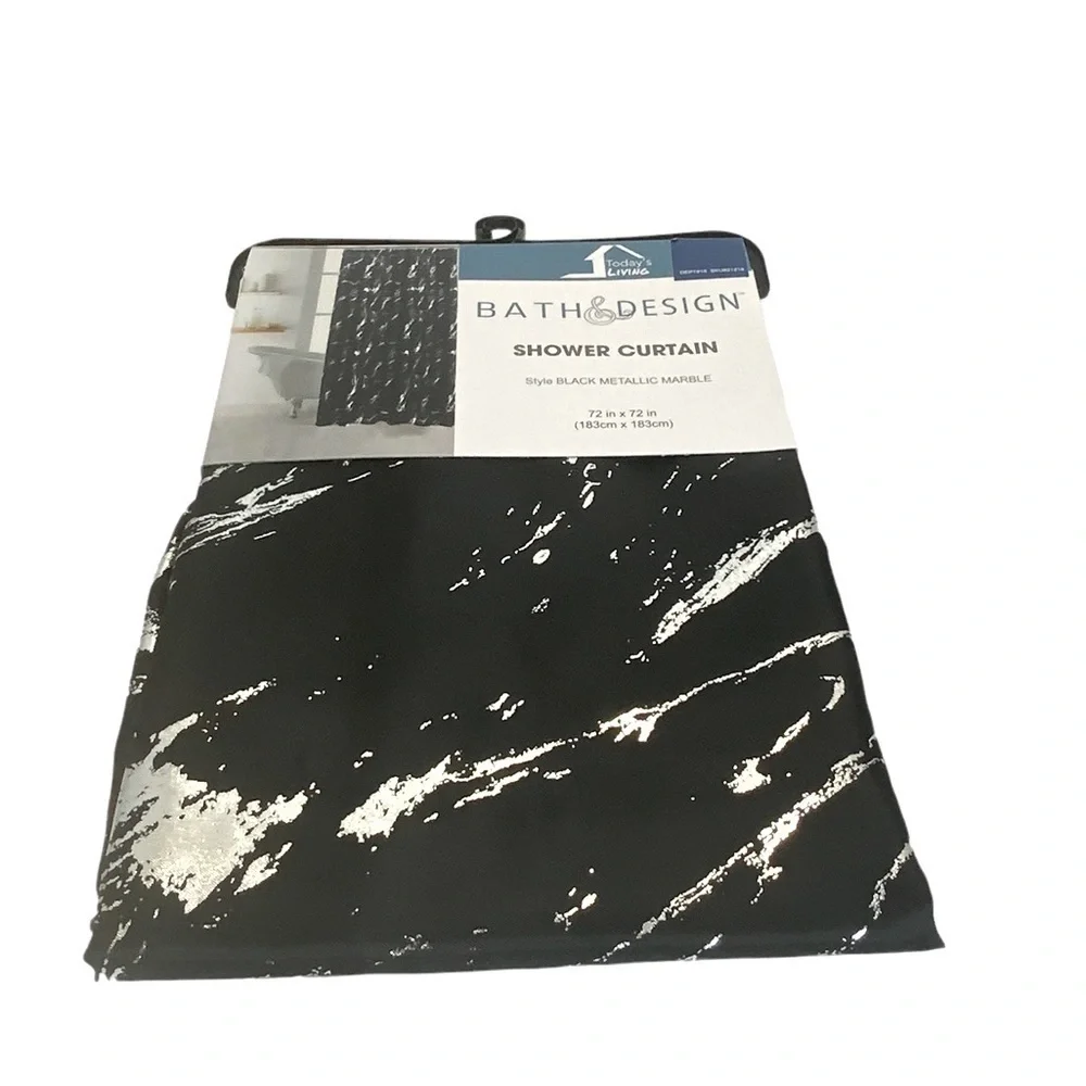 Today’s Living Black Marble Metallic Silver Fabric Shower Curtain  72 in X 72 in